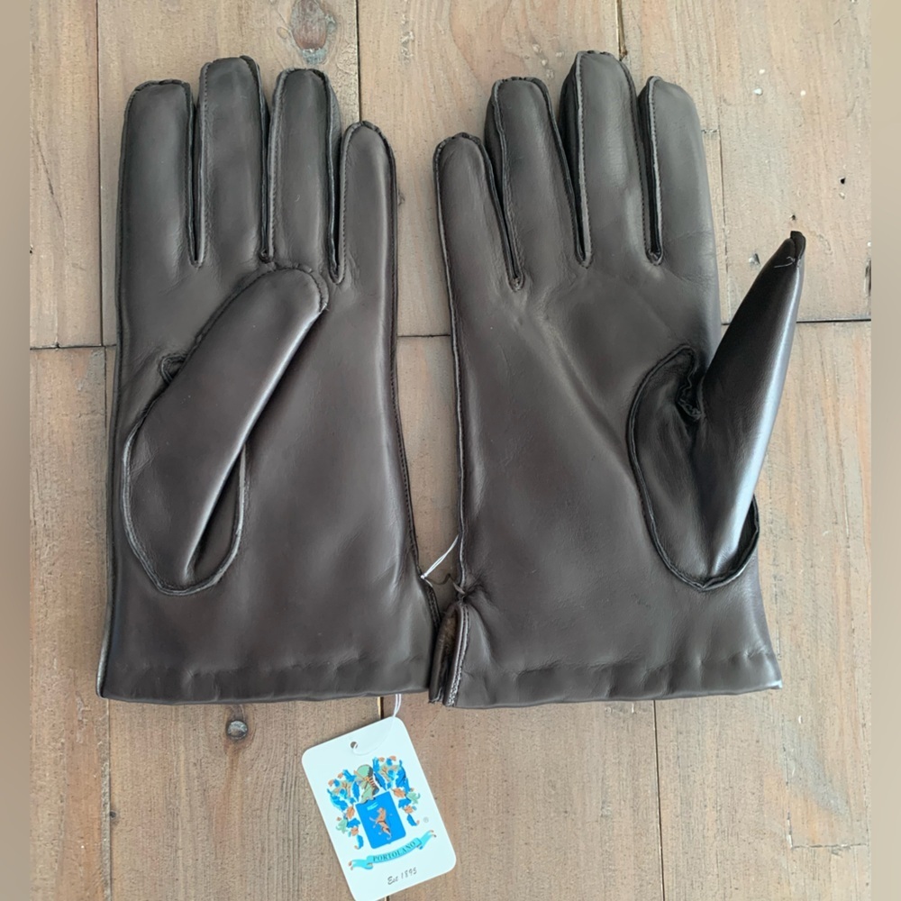 Portolano Mens brown leather gloves faux fur NWT